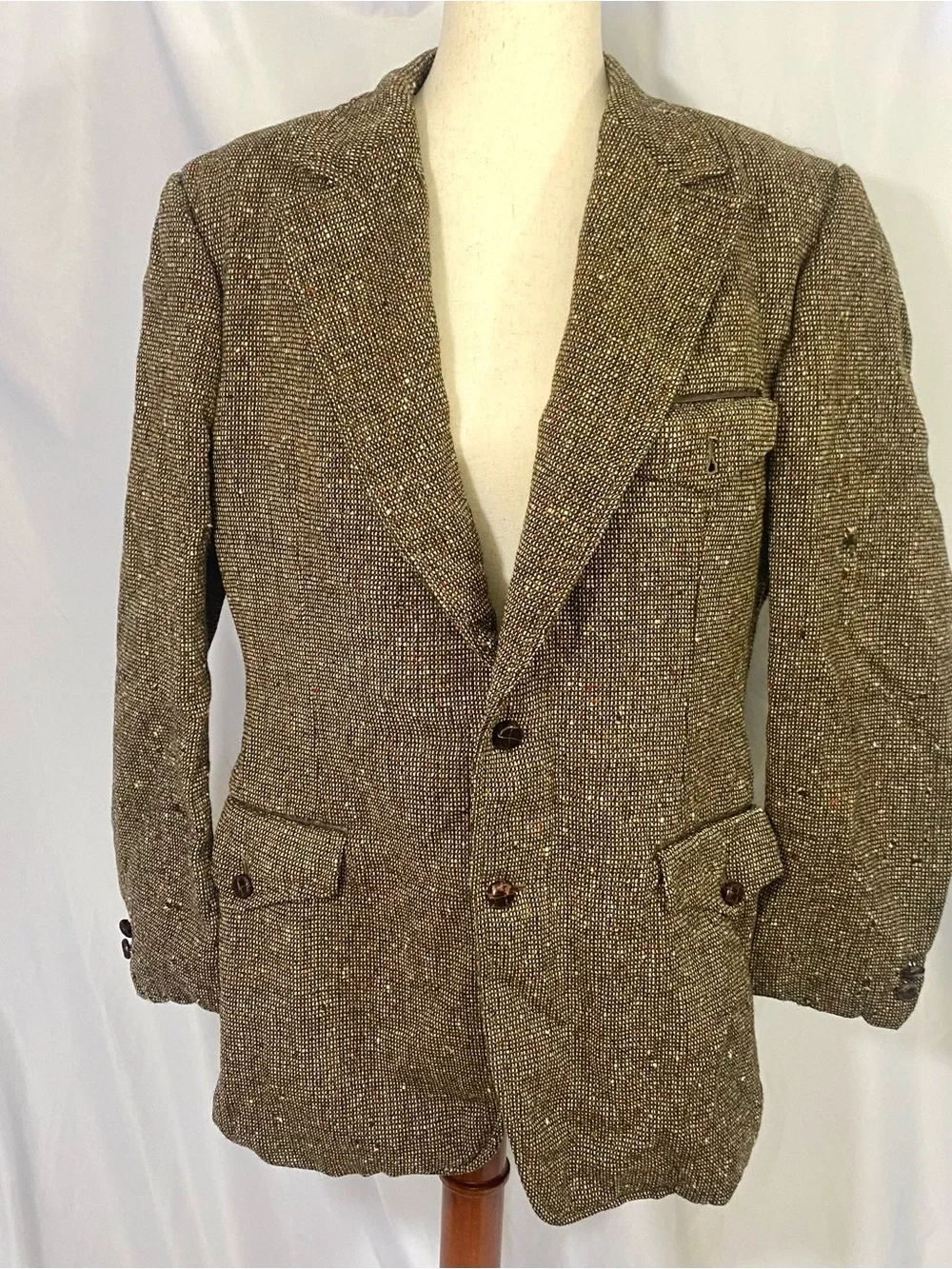 Men's Vintage University Label Brown Tweed Blazer Two-Button Sport Coat Medium